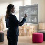 Nursery Funding UK - Professional 16:9 hero banner. Ultra high resolution. A thoughtful, authoritative female School Business Manager (40s, UK-based, professional attire) stands silhouetted against a softly blurred backdrop of a bright, well-equipped early years classroom. She holds a stylus, lightly touching a transparent digital overlay that displays financial data and a graph showing budget optimisation. The scene is illuminated by an accent glow of #737373, highlighting the digital interface and her silhouette. The background features elements of #E2087E and #000000 in the classroom furniture and accent walls. The overall mood is one of strategic planning and confident financial management within an educational setting. Style: Editorial photography with a focus on a single, strong figure.