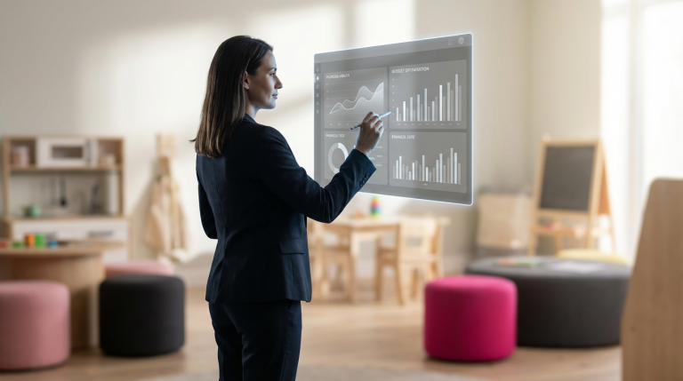 Nursery Funding UK - Professional 16:9 hero banner. Ultra high resolution. A thoughtful, authoritative female School Business Manager (40s, UK-based, professional attire) stands silhouetted against a softly blurred backdrop of a bright, well-equipped early years classroom. She holds a stylus, lightly touching a transparent digital overlay that displays financial data and a graph showing budget optimisation. The scene is illuminated by an accent glow of #737373, highlighting the digital interface and her silhouette. The background features elements of #E2087E and #000000 in the classroom furniture and accent walls. The overall mood is one of strategic planning and confident financial management within an educational setting. Style: Editorial photography with a focus on a single, strong figure.