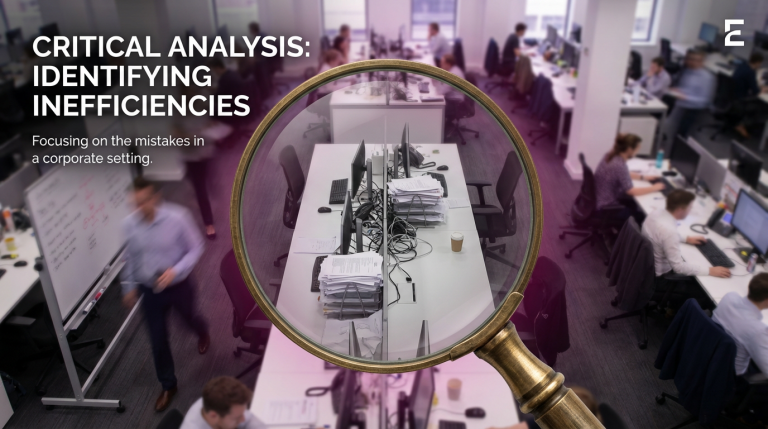 Office Layout Mistakes - Professional 16:9 hero banner. Ultra high resolution. A conceptual yet realistic overhead shot of a modern, slightly disorganised office space in the UK, viewed through a magnifying glass. The magnifying glass highlights a specific 'mistake' – perhaps a cluttered walkway or an isolated desk, while the rest of the office appears blurred but still hints at inefficiencies. The accent glow of #737373 emanates from the magnified area, drawing attention to the problem, with subtle hints of #E2087E in the overall office lighting. The scene conveys a sense of critical analysis and problem identification in a corporate setting. Style: Editorial photography.