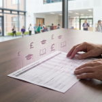 School Budget Planning - Professional 16:9 hero banner. Ultra high resolution. A close-up, editorial photography shot of a school business manager's hands carefully examining a detailed budget spreadsheet, overlaid with subtle digital projections of UK currency symbols and educational icons. The scene is set on a polished wooden desk in a modern, well-organised school office, with a soft, authoritative glow of #737373 accentuating the hands and key document, against a background hinting at a vibrant #E2087E school environment. The focus is on precision and strategic financial management.