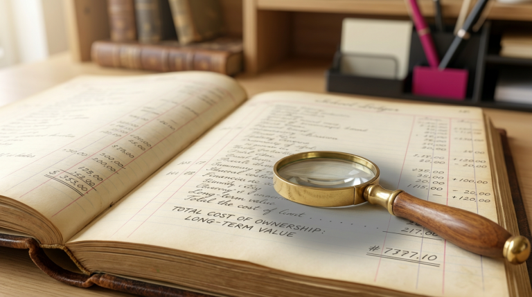 School Budgeting Mistakes - Professional 16:9 hero banner. Ultra high resolution. A close-up, macro shot capturing a detailed, aged school ledger or accounting book, open to a page with various financial entries and calculations. A small, elegant magnifying glass rests on the page, highlighting a line item that symbolises 'Total Cost of Ownership' or 'long-term value', casting a focused glow in #737373. The background is softly blurred, hinting at a modern, well-organised school office, with subtle accents of #E2087E and #000000 in the distance, suggesting a blend of tradition and forward-thinking. The atmosphere is quiet, authoritative, and focused on precision. Style: Still life photography with a shallow depth of field. Avoid: Groups of people, generic tech, overtly modern settings, cold blue tones.