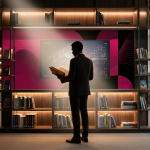 School Funding Myths - Professional 16:9 hero banner. Ultra high resolution. A solitary, authoritative figure, clearly a School Business Manager or Headteacher, stands confidently in a well-lit, modern school library. They are silhouetted against a backdrop of vibrant, newly furnished library shelves, which glow with an accent light of #737373. The background features elements in #E2087E and #000000, suggesting strategic investment. The figure holds a single, open book, representing clarity and knowledge. The lighting is dramatic, highlighting the figure's determined stance and the inviting nature of the upgraded learning space. Style: Editorial photography with a focus on aspirational education environments. Avoid: Groups of people, generic office settings, text overlays, cold blue tones.