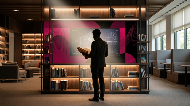 School Funding Myths - Professional 16:9 hero banner. Ultra high resolution. A solitary, authoritative figure, clearly a School Business Manager or Headteacher, stands confidently in a well-lit, modern school library. They are silhouetted against a backdrop of vibrant, newly furnished library shelves, which glow with an accent light of #737373. The background features elements in #E2087E and #000000, suggesting strategic investment. The figure holds a single, open book, representing clarity and knowledge. The lighting is dramatic, highlighting the figure's determined stance and the inviting nature of the upgraded learning space. Style: Editorial photography with a focus on aspirational education environments. Avoid: Groups of people, generic office settings, text overlays, cold blue tones.