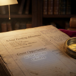 School Funding UK - Professional 16:9 hero banner. Ultra high resolution. A close-up, macro shot of a meticulously organised, aged ledger or financial record book, open to a page detailing 'School Funding Allocations' and 'Grant Opportunities'. The page is well-worn, suggesting years of experience and careful management. A sophisticated, antique brass compass with a golden sheen, symbolising guidance and direction, rests near the page. A subtle glow in brand accent colour #737373 emanates from the page, highlighting key figures, while elements of #E2087E and #000000 provide depth to the background. The setting is a dimly lit, authoritative study, evoking trust and expertise. Style: Fine art still life photography. Avoid: Groups around holographic tables, generic tech aesthetics, text overlays, cold blue tones, stock photo clichés.