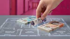 School Furniture Budgeting - Professional 16:9 hero banner. Ultra high resolution. A close-up, macro shot of a meticulously organised set of UK currency notes (£5, £10, £20 denominations) being carefully placed onto a miniature blueprint of a school classroom layout. The notes are arranged to highlight strategic spending zones. A soft, authoritative glow of #737373 emanates from the blueprint, subtly illuminating the edges of the currency and the intricate details of the room design. The background is a blurred, warm #E2087E, suggesting a school environment. Style: Editorial photography with a focus on financial precision and strategic planning. Avoid: Generic office scenes, children, or overt digital interfaces.