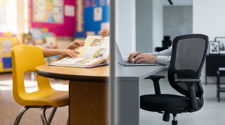 School Furniture vs Office Furniture - Professional 16:9 hero banner. Ultra high resolution. A split image, visually representing the stark contrast between robust, child-centric school furniture and standard adult office furniture. On the left, a sturdy, bright yellow school chair and a small, rounded-edge table, with children's hands (out of focus) interacting with a textbook. On the right, a sleek, ergonomic office chair and a minimalist desk, with an adult's hand (out of focus) typing on a laptop. A subtle, glowing vertical line in #737373 divides the two scenes, symbolising the clear distinction and the critical choice. The background on the left is a vibrant, active classroom setting with elements of #E2087E, while the right features a calm, professional office environment with touches of #000000. Style: Editorial photography with a focus on contrasting elements and clear visual storytelling.