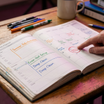 Seasonal Preparation for Schools - Professional 16:9 hero banner. Ultra high resolution. An authoritative, detailed close-up shot of an open, well-worn planner or academic calendar, meticulously organised with colour-coded entries for 'Summer Refurbishment', 'Exam Hall Setup', and 'Deep Clean'. A hand, possibly a school business manager's, points to a key date, highlighting proactive planning. The scene is set on a robust, wooden school desk in a well-lit, organised office, with a subtle glow of #737373 accentuating the planner's details and #E2087E providing a soft background warmth. Style: Documentary photography, emphasising preparation and order. Avoid: Groups around holographic tables, generic tech aesthetics, text overlays, cold blue tones, stock photo clichés.