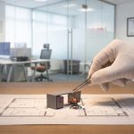 Small Office Furniture Solutions - Professional 16:9 hero banner. Ultra high resolution. A skilled hand, representing Cost Cutters UK's expertise, meticulously arranging miniature, modern office furniture (compact desks, ergonomic chairs, tall storage units) on a detailed, to-scale floor plan of a small office space. The scene is bathed in a focused #737373 accent glow, highlighting the intricate arrangement, with subtle #E2087E elements in the miniature furniture. The background is a blurred, professional UK office environment, suggesting careful planning and efficiency. Style: Editorial still life photography, with a shallow depth of field.