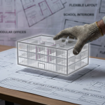 Space Design and Fit-Out - Professional 16:9 hero banner. Ultra high resolution. A skilled hand, representing an experienced project manager, carefully places a miniature, translucent architectural model of a modern, adaptable commercial interior onto a blueprint. The model glows subtly with a #737373 accent, highlighting flexible partitions and modular furniture arrangements. The background features blurred schematics with magenta (#E2087E) and black (#000000) line art, suggesting meticulous planning for diverse UK commercial spaces like offices and schools. The overall mood is authoritative and precise, reflecting Cost Cutters UK's expertise. Style: Fine art still life.