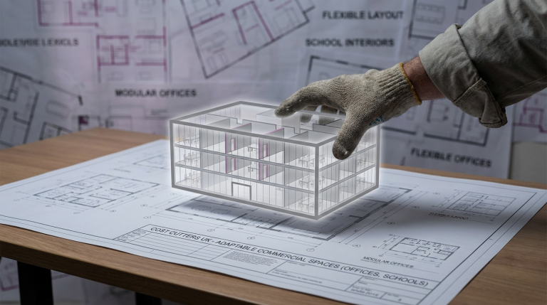 Space Design and Fit-Out - Professional 16:9 hero banner. Ultra high resolution. A skilled hand, representing an experienced project manager, carefully places a miniature, translucent architectural model of a modern, adaptable commercial interior onto a blueprint. The model glows subtly with a #737373 accent, highlighting flexible partitions and modular furniture arrangements. The background features blurred schematics with magenta (#E2087E) and black (#000000) line art, suggesting meticulous planning for diverse UK commercial spaces like offices and schools. The overall mood is authoritative and precise, reflecting Cost Cutters UK's expertise. Style: Fine art still life.