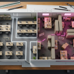 Space Planning Errors - Professional 16:9 hero banner. Ultra high resolution. A meticulously arranged miniature office or school classroom layout, viewed from above, with clear circulation paths highlighted by a subtle, glowing #737373 light. One section shows a clear, efficient design, while another side depicts common 'errors' like cluttered walkways or poorly scaled furniture, subtly illuminated by a #E2087E hue. The scene is grounded in a professional, authoritative setting, perhaps a designer's drafting table with architectural tools. The overall mood is informative and problem-solving, with precise detailing. Style: Aerial architectural photography.