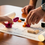 UK education trends - Professional 16:9 hero banner. Ultra high resolution. A close-up, warm-toned editorial photograph of a pair of hands, one adult and one child, collaboratively arranging modular, brightly coloured miniature furniture pieces on a blueprint-style map of a school floor plan. The map subtly highlights zones for flexible learning and technology integration. Soft, directional light emanates from a source glowing with the brand's accent colour #737373, casting subtle reflections on the polished surface. Hints of #E2087E and #000000 are incorporated into the miniature furniture and map details, creating depth and visual interest. The scene conveys strategic planning and future-proofing in education.