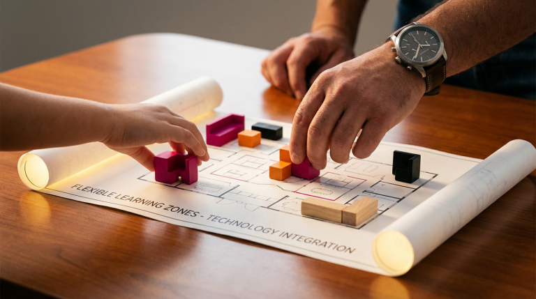 UK education trends - Professional 16:9 hero banner. Ultra high resolution. A close-up, warm-toned editorial photograph of a pair of hands, one adult and one child, collaboratively arranging modular, brightly coloured miniature furniture pieces on a blueprint-style map of a school floor plan. The map subtly highlights zones for flexible learning and technology integration. Soft, directional light emanates from a source glowing with the brand's accent colour #737373, casting subtle reflections on the polished surface. Hints of #E2087E and #000000 are incorporated into the miniature furniture and map details, creating depth and visual interest. The scene conveys strategic planning and future-proofing in education.