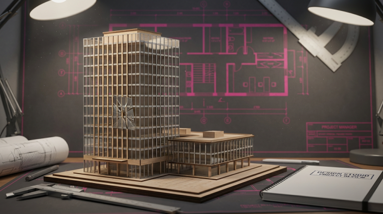 Workspace Design Mistakes - Professional 16:9 hero banner. Ultra high resolution. A macro shot of a meticulously crafted, architectural scale model of a modern office space, but with a single, crucial element visibly misaligned or broken, symbolising a design mistake. The model is illuminated by a focused glow of #737373 light, highlighting the flaw, while the background subtly features elements in #E2087E and #000000, suggesting a blueprint or design plan. The setting evokes a professional design studio or a project manager's desk, hinting at precision and expertise. Style: Fine art still life photography with dramatic, controlled lighting.