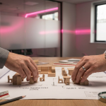 Breakout Area Design - Professional 16:9 hero banner. Ultra high resolution. A close-up, editorial photography shot of a pair of hands (one with a neat watch, representing a facilities manager, the other a teacher's hand) meticulously arranging miniature, modular furniture pieces on a blueprint or floor plan, symbolising strategic 'breakout area design'. The blueprint shows zones for collaboration and quiet work. A soft, focused glow of #737373 accentuates the furniture and planning tools, with subtle hints of #E2087E in the background as ambient lighting. The setting is a clean, modern UK office or school planning room. Style: high-detail, still life photography. Avoid: abstract concepts, people in a group, generic furniture showrooms, text overlays.