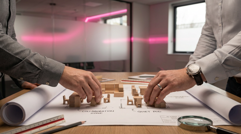 Breakout Area Design - Professional 16:9 hero banner. Ultra high resolution. A close-up, editorial photography shot of a pair of hands (one with a neat watch, representing a facilities manager, the other a teacher's hand) meticulously arranging miniature, modular furniture pieces on a blueprint or floor plan, symbolising strategic 'breakout area design'. The blueprint shows zones for collaboration and quiet work. A soft, focused glow of #737373 accentuates the furniture and planning tools, with subtle hints of #E2087E in the background as ambient lighting. The setting is a clean, modern UK office or school planning room. Style: high-detail, still life photography. Avoid: abstract concepts, people in a group, generic furniture showrooms, text overlays.