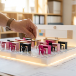 Case Study - Professional 16:9 hero banner. Ultra high resolution. A close-up, warm, documentary-style shot of an adult hand (representing a school business manager) carefully placing a single, meticulously crafted miniature wooden chair into a perfectly arranged, brightly lit miniature school classroom model. The model classroom features tiny, modern, colourful furniture (in shades of #E2087E and #000000) on a strategic grid, symbolising optimised space planning and cost efficiency. Accent lighting in #737373 emanates from beneath the model, highlighting the precision and innovation. The background is a subtly blurred, professional office environment. Style: Editorial photography. Avoid: Groups around holographic tables, generic tech aesthetics, text overlays, cold blue tones, stock photo clichés.