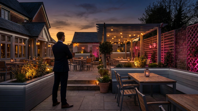 Case Study - Professional 16:9 hero banner. Ultra high resolution. A solitary, authoritative figure, silhouetted against the warm, inviting glow of a beautifully transformed pub garden at dusk. The figure, perhaps a pub owner or manager, stands confidently, looking out over the vibrant, zoned outdoor space filled with stylish, weatherproof furniture. The scene is bathed in an accent glow of #737373, highlighting key architectural features and the outlines of the furniture. Hints of #E2087E appear in subtle ambient lighting, perhaps from string lights or lanterns, creating an atmosphere of success and increased revenue. The composition conveys a sense of achievement and strategic transformation. Style: Editorial photography. Avoid: Groups around holographic tables, generic tech aesthetics, text overlays, cold blue tones, stock photo clichés.