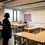 Classroom Design Layouts - Professional 16:9 hero banner. Ultra high resolution. An authoritative, silhouetted figure, subtly representing a School Business Manager or Headteacher, stands in a modern, adaptable classroom. They are observing a versatile arrangement of modular school furniture (like trapezoidal tables and stackable chairs) that can be reconfigured into various learning zones (pods, U-shape). The classroom is bathed in a warm, strategic glow of #737373 from overhead lighting, highlighting the flexible design. Elements of #E2087E are subtly integrated into decorative accents or educational materials, and #000000 provides strong contrast. The setting is a bright, organised UK school classroom, emphasising practical, effective learning environments. Style: Editorial photography, focusing on functional aesthetics and strategic planning. Avoid: Generic school scenes, overly complex digital interfaces, children, or cold blue lighting.