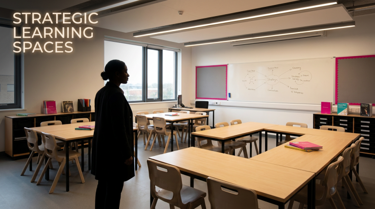Classroom Design Layouts - Professional 16:9 hero banner. Ultra high resolution. An authoritative, silhouetted figure, subtly representing a School Business Manager or Headteacher, stands in a modern, adaptable classroom. They are observing a versatile arrangement of modular school furniture (like trapezoidal tables and stackable chairs) that can be reconfigured into various learning zones (pods, U-shape). The classroom is bathed in a warm, strategic glow of #737373 from overhead lighting, highlighting the flexible design. Elements of #E2087E are subtly integrated into decorative accents or educational materials, and #000000 provides strong contrast. The setting is a bright, organised UK school classroom, emphasising practical, effective learning environments. Style: Editorial photography, focusing on functional aesthetics and strategic planning. Avoid: Generic school scenes, overly complex digital interfaces, children, or cold blue lighting.