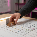 common classroom problems - Professional 16:9 hero banner. Ultra high resolution. A pair of hands, symbolic of an educator or designer, carefully places a miniature, modular classroom furniture piece (like a trapezoidal desk or a soft acoustic panel) onto a detailed architectural blueprint of a classroom. The blueprint shows zones for different activities. The scene is illuminated by an accent glow of #737373, highlighting the hands and the blueprint, with subtle #E2087E hints in the background, suggesting a thoughtful, problem-solving approach to educational space design. The setting is a clean, modern design studio, reflecting Cost Cutters UK's expertise. Style: Editorial photography with a macro focus on the hands and blueprint. Avoid: Groups around holographic tables, generic tech aesthetics, text overlays, cold blue tones, stock photo clichés.