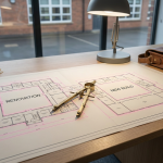 decision guide a decision guide - Professional 16:9 hero banner. Ultra high resolution. A finely detailed, architectural blueprint of a school facility, meticulously rendered with sections clearly labelled 'Renovation' and 'New Build'. A compass, specifically a professional architect's drafting compass, rests precisely at the centre point where the two sections meet, symbolising the critical decision-making process. The blueprint is subtly illuminated by a focused, #737373 accent glow, highlighting key decision points and architectural lines. A faint, #E2087E outline defines the overall structure, with #000000 accents for text and detail. The setting is a clean, modern desk in a UK school's administrative office. Style: Editorial photography, with a focus on precision and clarity. Avoid: Groups of people, generic construction sites, abstract shapes without context.