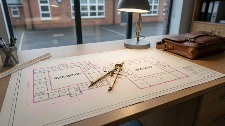 decision guide a decision guide - Professional 16:9 hero banner. Ultra high resolution. A finely detailed, architectural blueprint of a school facility, meticulously rendered with sections clearly labelled 'Renovation' and 'New Build'. A compass, specifically a professional architect's drafting compass, rests precisely at the centre point where the two sections meet, symbolising the critical decision-making process. The blueprint is subtly illuminated by a focused, #737373 accent glow, highlighting key decision points and architectural lines. A faint, #E2087E outline defines the overall structure, with #000000 accents for text and detail. The setting is a clean, modern desk in a UK school's administrative office. Style: Editorial photography, with a focus on precision and clarity. Avoid: Groups of people, generic construction sites, abstract shapes without context.