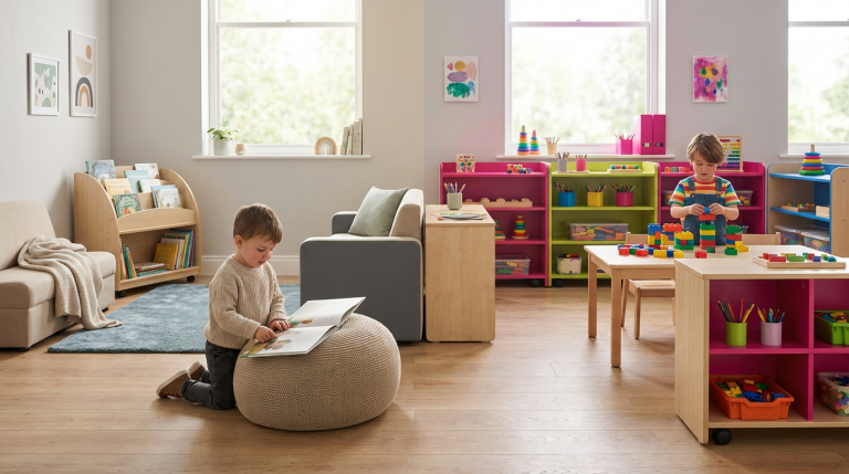 Early Years Classroom Zones - Professional 16:9 hero banner. Ultra high resolution. A clear visual split down the middle of an early years classroom. On the left, a 'calm zone' with soft, muted colours, a small child engrossed in a book on a beanbag, with gentle, diffused lighting in #737373 tones. On the right, a 'stimulating zone' with vibrant but organised colours, a child actively engaged with colourful building blocks, illuminated by energetic highlights in #E2087E. The entire scene is viewed from a slightly elevated perspective, showcasing the contrast and harmony of the two designed areas. The setting is a modern, well-equipped UK nursery, reflecting Cost Cutters UK's industry focus on educational furniture. Style: Editorial photography with a clean, practical aesthetic. Avoid: Groups of adults, generic classroom layouts, chaotic scenes, text overlays, cold blue tones.
