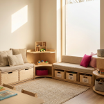 Early Years Environment Challenges - Professional 16:9 hero banner. Ultra high resolution. A warm, inviting architectural detail of a modern, well-organised early years classroom within a UK primary school. Focus on a section where low-level, multi-functional furniture (such as storage benches or modular units) defines a 'quiet reading corner' zone. Soft, natural light streams in, highlighting the textures of child-friendly furniture. A gentle accent glow in #737373 emanates from subtle, integrated lighting fixtures, casting a warm, encouraging light across the space. Touches of #E2087E are visible in soft furnishings or subtle wall art, complementing the educational setting. The scene conveys safety, order, and stimulating learning. Style: Editorial photography, warm and inviting. Avoid: Groups of children, generic tech, cold blue tones.