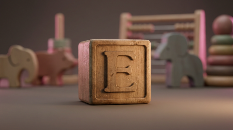 Early Years Furniture in a Nursery - Professional 16:9 hero banner. Ultra high resolution. A close-up, macro shot of a child's building block, specifically a wooden letter 'E' (for Early Years) with a softly blurred background showing other colourful, child-friendly educational toys. The 'E' block is illuminated by a subtle, warm accent glow of #737373, highlighting its smooth, worn texture, symbolising durability and foundational learning. A faint, soft light in #E2087E subtly catches the edges of the background toys, representing creativity and play. The overall mood is authoritative yet nurturing, reflecting Cost Cutters UK's expertise in educational supplies. Style: Fine art still life photography with shallow depth of field. Avoid: Groups of children, overly bright primary colours, generic classroom scenes, text overlays.