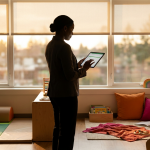 Early Years Learning Space - Professional 16:9 hero banner. Ultra high resolution. A thoughtful, authoritative figure, possibly a School Business Manager, stands silhouetted against a softly blurred, vibrant early years classroom interior. The figure holds a tablet displaying a budget spreadsheet, subtly highlighted by a #737373 accent glow, symbolising strategic financial planning. The background showcases child-friendly furniture and learning zones in warm, inviting tones, with hints of #E2087E in soft furnishings. The overall mood is one of confident, informed decision-making for optimal educational environments. Style: Editorial photography with a focus on depth of field and warm, natural lighting. Avoid: Overly bright primary colours, generic office settings, text overlays.