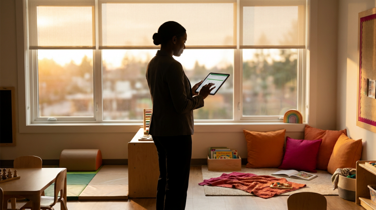 Early Years Learning Space - Professional 16:9 hero banner. Ultra high resolution. A thoughtful, authoritative figure, possibly a School Business Manager, stands silhouetted against a softly blurred, vibrant early years classroom interior. The figure holds a tablet displaying a budget spreadsheet, subtly highlighted by a #737373 accent glow, symbolising strategic financial planning. The background showcases child-friendly furniture and learning zones in warm, inviting tones, with hints of #E2087E in soft furnishings. The overall mood is one of confident, informed decision-making for optimal educational environments. Style: Editorial photography with a focus on depth of field and warm, natural lighting. Avoid: Overly bright primary colours, generic office settings, text overlays.