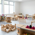 Early Years Setting Design - Professional 16:9 hero banner. Ultra high resolution. An architectural detail of a brightly lit, modern early years classroom from a low-angle perspective, showcasing clearly defined zones with low-level, durable wooden furniture and colourful educational resources. The space is uncluttered, inviting, and meets UK safety standards. Soft, natural light streams in, enhanced by a subtle #737373 accent glow on the edges of the furniture, highlighting its quality and safety. Pops of #E2087E and #000000 are seen in subtle decorative elements and educational toys. The scene focuses on the intelligent design that prevents common pitfalls, creating an enabling environment for children. Style: Editorial photography, clean and bright.