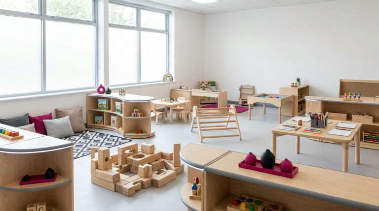 Early Years Setting Design - Professional 16:9 hero banner. Ultra high resolution. An architectural detail of a brightly lit, modern early years classroom from a low-angle perspective, showcasing clearly defined zones with low-level, durable wooden furniture and colourful educational resources. The space is uncluttered, inviting, and meets UK safety standards. Soft, natural light streams in, enhanced by a subtle #737373 accent glow on the edges of the furniture, highlighting its quality and safety. Pops of #E2087E and #000000 are seen in subtle decorative elements and educational toys. The scene focuses on the intelligent design that prevents common pitfalls, creating an enabling environment for children. Style: Editorial photography, clean and bright.