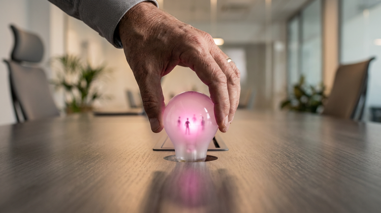 employee feedback - Professional 16:9 hero banner. Ultra high resolution. A close-up, editorial photography shot of a single, experienced hand (representing a manager or facilities professional) holding a stylised, glowing lightbulb. The lightbulb is translucent with a subtle internal glow in #E2087E, and contains tiny, abstract human figures (representing employees) inside, suggesting 'ideas' or 'feedback'. The hand is carefully placing this 'feedback lightbulb' into a slot on a sleek, dark office desk surface, which subtly reflects #737373 accent lighting. The background is a softly blurred, modern office interior, hinting at ergonomic furniture and collaborative spaces. The overall mood is authoritative and insightful, emphasising the value of employee input in shaping the physical workspace. Style: Editorial photography. Avoid: Groups around holographic tables, generic tech aesthetics, text overlays, cold blue tones, stock photo clichés.