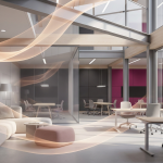 Ergonomic Furniture and Wellbeing - Professional 16:9 hero banner. Ultra high resolution. A stylized, conceptual image representing the harmonious balance between human well-being and structured design in a commercial or educational environment. Architectural lines of a modern, uncluttered office or classroom space are subtly integrated with flowing, organic elements suggesting comfort and health. A soft, glowing light in #737373 emanates from key structural points, highlighting the intersection where ergonomic design meets human form. Hints of #E2087E and #000000 are present in the background or subtle architectural accents, creating depth and visual interest. The composition should convey precision, support, and a forward-thinking approach to environment design. Style: Conceptual architectural photography with a focus on light and form. Avoid: Groups around holographic tables, generic tech aesthetics, text overlays, cold blue tones, stock photo clichés.