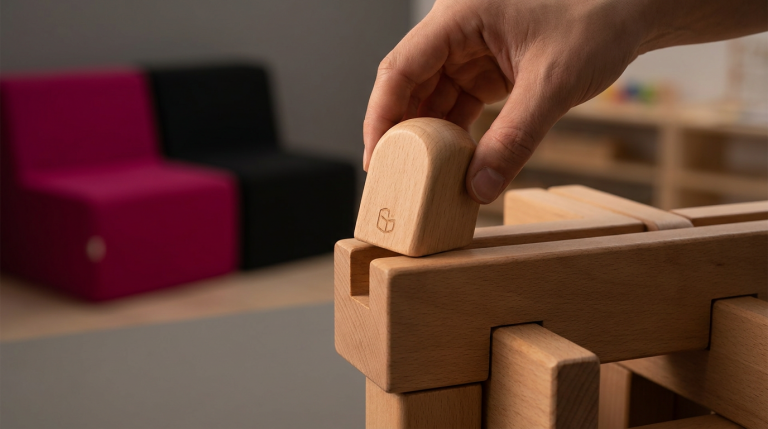 EYFS Compliance - Professional 16:9 hero banner. Ultra high resolution. A macro shot focusing on a meticulously crafted, child-safe wooden building block being placed perfectly into a larger, intricate wooden structure. The block, smooth and rounded, symbolises a key component of a compliant early years environment. Subtle accent lighting in #737373 casts a protective glow over the scene, highlighting the precision and care. In the background, blurred elements of purpose-built, certified educational furniture in #E2087E and #000000 tones provide context. The overall mood is one of meticulous attention to detail and foundational safety. Style: Editorial still life photography, with a shallow depth of field.