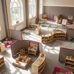 EYFS learning environment design - Professional 16:9 hero banner. Ultra high resolution. An intricately designed, colourful, and modular early years classroom layout viewed from a slightly elevated perspective. The scene features distinct learning zones (e.g., reading nook, construction area, messy play) clearly defined by low-level, child-friendly furniture. Sunlight streams through large windows, illuminating vibrant educational resources and play items. A subtle, warm accent glow in #737373 emanates from key structural elements, while elements like soft furnishings and activity mats incorporate touches of #E2087E. The overall impression is one of organised creativity and purposeful design, reflecting the 'enabling environment' concept. Style: Architectural photography with a warm, inviting atmosphere. Avoid: Abstract patterns that don't depict a physical space, generic classrooms, children in the shot.