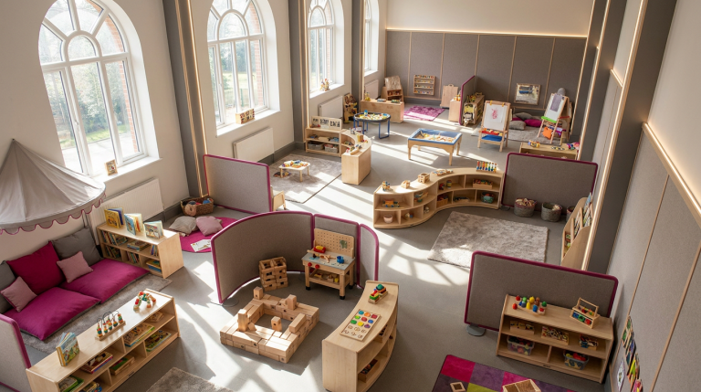 EYFS learning environment design - Professional 16:9 hero banner. Ultra high resolution. An intricately designed, colourful, and modular early years classroom layout viewed from a slightly elevated perspective. The scene features distinct learning zones (e.g., reading nook, construction area, messy play) clearly defined by low-level, child-friendly furniture. Sunlight streams through large windows, illuminating vibrant educational resources and play items. A subtle, warm accent glow in #737373 emanates from key structural elements, while elements like soft furnishings and activity mats incorporate touches of #E2087E. The overall impression is one of organised creativity and purposeful design, reflecting the 'enabling environment' concept. Style: Architectural photography with a warm, inviting atmosphere. Avoid: Abstract patterns that don't depict a physical space, generic classrooms, children in the shot.