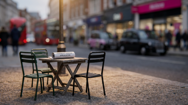 Getting Started - Professional 16:9 hero banner. Ultra high resolution. A close-up, macro shot of a meticulously detailed miniature cafe scene set on a UK pavement. Focus on a tiny, weathered wooden cafe table and two stackable outdoor chairs, with a miniature copy of a 'Pavement Licence Application' document, illuminated by a warm #737373 glow. The background subtly hints at a bustling UK high street, blurred with accents of #E2087E and #000000, suggesting the real-world context. The scene should evoke precision, planning, and expert guidance. Style: Fine art still life photography with a shallow depth of field. Avoid: Groups of people, generic cafe scenes, text overlays, cold blue tones.