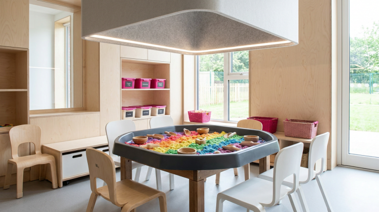 Messy Play - Professional 16:9 hero banner. Ultra high resolution. An architectural detail of a modern, well-organised early years classroom or nursery, focusing on a dedicated 'messy play zone'. The area features a robust, clean Tuff Tray filled with colourful, safe sensory materials (e.g., kinetic sand, coloured rice), surrounded by child-sized, easy-to-clean furniture. Bright, natural light illuminates the scene, with an accent glow of #737373 highlighting the play area, and hints of #E2087E in subtle educational elements. The scene conveys a sense of calm, structured learning and playful exploration, dispelling chaos. Style: Editorial photography, clean lines, inviting atmosphere. Avoid: Groups of children, overly chaotic scenes, generic classroom setups.