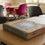 modern learning spaces - Professional 16:9 hero banner. Ultra high resolution. A macro shot of an open, well-worn textbook titled 'Educational Pedagogy' or 'Learning Environments', resting on a modern, flexible classroom desk. The page is open to a section discussing 'Myth vs. Reality' or 'Evidence-Based Learning'. A subtle, focused glow in #737373 emanates from the text, highlighting key phrases. In the soft-focus background, hints of vibrant #E2087E and deep #000000 colours from modern, adaptable school furniture (e.g., modular chairs, mobile tables) are visible, suggesting an organised, dynamic learning environment. Style: Editorial photography with a professional, authoritative tone. Avoid: Generic tech aesthetics, text overlays, cold blue tones, stock photo clichés.