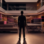 Multi Use Furniture - Professional 16:9 hero banner. Ultra high resolution. A sophisticated, authoritative figure, silhouetted against a dramatic backdrop of a dynamically reconfiguring commercial space. The figure is subtly illuminated from behind by a #737373 accent glow, casting a strong, confident shadow. The background shows blurred, transforming furniture elements in motion – perhaps modular seating re-arranging or tilt-top tables folding – hinting at seamless adaptability. The scene incorporates subtle tones of #E2087E and #000000 in the environmental lighting to create depth and brand consistency. The overall mood is one of strategic foresight and efficiency. Style: Editorial photography with dynamic lighting. Avoid: Groups around holographic tables, generic tech aesthetics, text overlays, cold blue tones, stock photo clichés.