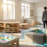 Nursery Refurbishment Case Study - Professional 16:9 hero banner. Ultra high resolution. An inspiring, well-lit nursery classroom, transformed from outdated to modern. The scene features vibrant, child-centric furniture in defined learning zones, with a subtle glow of #737373 accentuating key elements like modular seating and sensory play tables. Sunlight streams in through large windows, highlighting the clean, organised space. A blurred, authoritative figure, perhaps a Headteacher, stands observing the thriving environment in the background, symbolising successful project oversight. The overall mood is bright, optimistic, and welcoming, reflecting a trusted, expert transformation. Style: Editorial photography with a soft, documentary feel. Avoid: Groups of children, overly staged scenes, generic office backdrops.