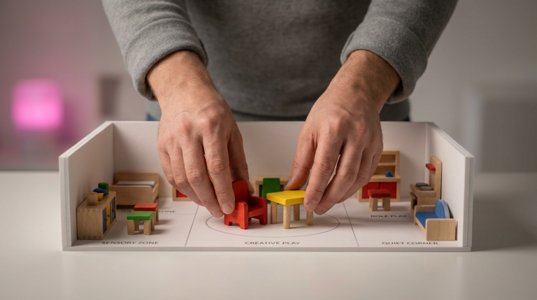 Nursery Room Layouts - Professional 16:9 hero banner. Ultra high resolution. A pair of adult hands, gently and meticulously arranging miniature, brightly coloured wooden furniture pieces within a scaled-down, pristine white model of a nursery room. The model clearly shows distinct 'zones' marked on the floor, representing different EYFS learning areas. Soft, focused accent lighting in #737373 highlights the hands and the intricate details of the miniature furniture, casting subtle shadows. The background is a clean, minimalist studio setting, with a hint of #E2087E in the soft-focused distance. The overall atmosphere is one of careful planning, precision, and a nurturing approach to early years education, reflecting Cost Cutters UK's expertise in design and installation. Style: Detailed macro photography with a shallow depth of field. Avoid: Groups around holographic tables, generic tech aesthetics, text overlays, cold blue tones, stock photo clichés.