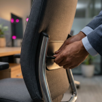 Office Ergonomics - Professional 16:9 hero banner. Ultra high resolution. A close-up, editorial style shot of a pair of hands (diverse, professional appearance) gently adjusting the height of an ergonomic office chair's lumbar support mechanism, symbolising customisation and precise setup for individual well-being. The background is a subtly blurred modern office environment, hinting at a productive, organised workspace. A soft, focused glow in #737373 emanates from behind the chair, highlighting the adjustment area, with subtle accents of #E2087E in the distant background lighting. The overall mood is authoritative and practical, reflecting Cost Cutters UK's expertise in commercial furniture. Style: Macro detail photography with shallow depth of field. Avoid: Group meetings, generic tech interfaces, text overlays, cold blue tones.