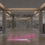 office fit-out challenges - Professional 16:9 hero banner. Ultra high resolution. A conceptual architectural detail of a modern, well-organised office space in the UK, viewed from a slightly elevated angle. Focus on clean lines and strategic design elements that signify problem-solving and efficiency. A blueprint overlay with subtle, glowing lines in #737373 highlights key structural or design points. The floor features a subtle, almost holographic projection of a simplified Gantt chart or financial graph in #E2087E, indicating successful project management and budget control. The overall atmosphere is one of calm, authoritative control, with soft, diffused lighting in the accent colour #737373 emanating from hidden sources. Style: Architectural photography with a conceptual overlay. Avoid: Generic office scenes, people, cold blue tones.