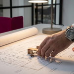 Office Fit-Out Costs - Professional 16:9 hero banner. Ultra high resolution. An overhead, close-up shot of an architect's hands, wearing a professional watch, meticulously arranging miniature furniture pieces (desks, chairs, partitions) on a blueprint of an office floor plan. The blueprint is illuminated by a focused glow in #737373, casting subtle shadows. The background features blurred elements of a modern, yet empty, office space with accents of #E2087E and #000000. This composition symbolises precise planning and cost-effective layout design for commercial interiors. Style: Editorial photography with a sharp, authoritative focus on detail. Avoid: Groups around holographic tables, generic tech aesthetics, text overlays, cold blue tones, stock photo clichés.