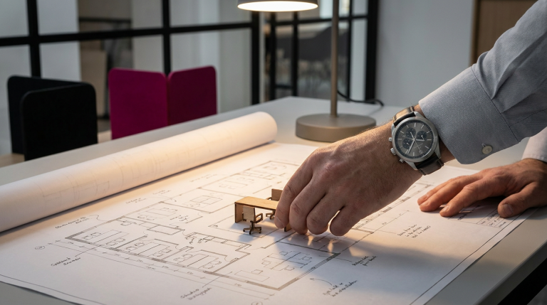 Office Fit-Out Costs - Professional 16:9 hero banner. Ultra high resolution. An overhead, close-up shot of an architect's hands, wearing a professional watch, meticulously arranging miniature furniture pieces (desks, chairs, partitions) on a blueprint of an office floor plan. The blueprint is illuminated by a focused glow in #737373, casting subtle shadows. The background features blurred elements of a modern, yet empty, office space with accents of #E2087E and #000000. This composition symbolises precise planning and cost-effective layout design for commercial interiors. Style: Editorial photography with a sharp, authoritative focus on detail. Avoid: Groups around holographic tables, generic tech aesthetics, text overlays, cold blue tones, stock photo clichés.
