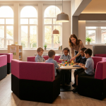 Ofsted Expectations - Professional 16:9 hero banner. Ultra high resolution. A thoughtfully designed, modern UK primary school classroom interior, viewed from an engaging, slightly elevated angle. The space features flexible learning zones with modular, colourful furniture (in muted tones of magenta #E2087E and black #000000). Sunlight streams through large windows, highlighting a central area where a teacher is subtly guiding a small group of diverse children engaged in an activity. The scene is bathed in a subtle, authoritative glow of #737373 accent lighting, suggesting clarity and focus. The overall atmosphere is calm, purposeful, and inclusive, demonstrating excellent organisation and a supportive learning environment. Style: Editorial photography. Avoid: Groups around holographic tables, generic tech aesthetics, text overlays, cold blue tones, stock photo clichés.